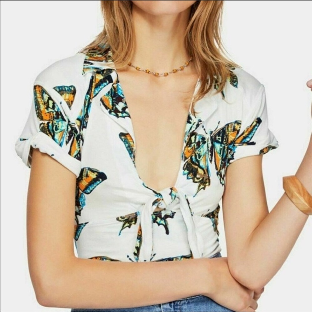 Free People White Butterfly Print Tie-Front Blouse